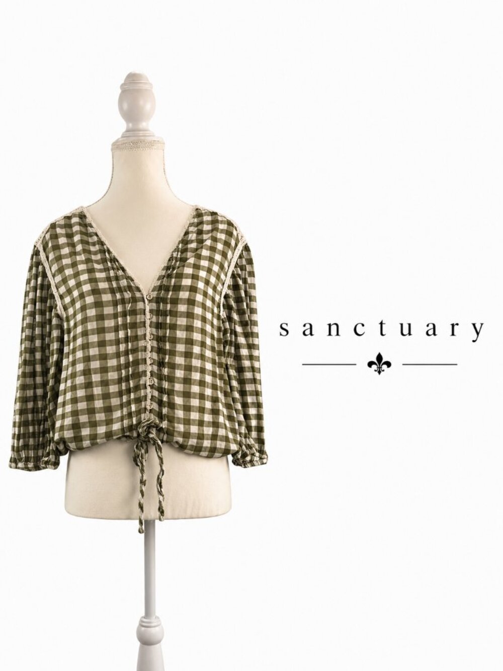 SANCTUARY  Olive Green Gingham Tie Front Blouse ~ Large